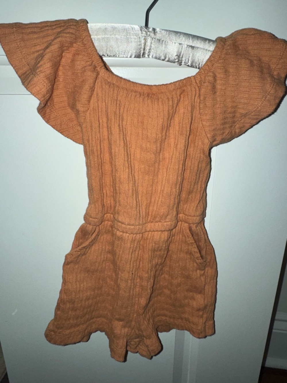 Rust Orange Gauze Romper with Flutter Sleeves